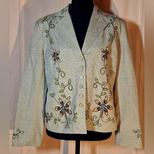 SILK LAND 100% Silk Light Brown Floral Embroidered Blazer